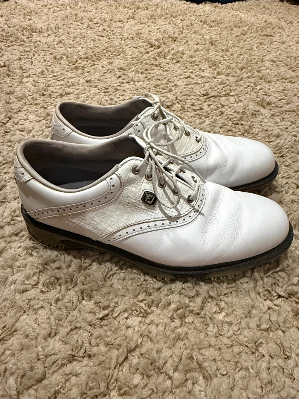Foot joy DryJoys Tour Golf Shoes in white leather and white croc side panels